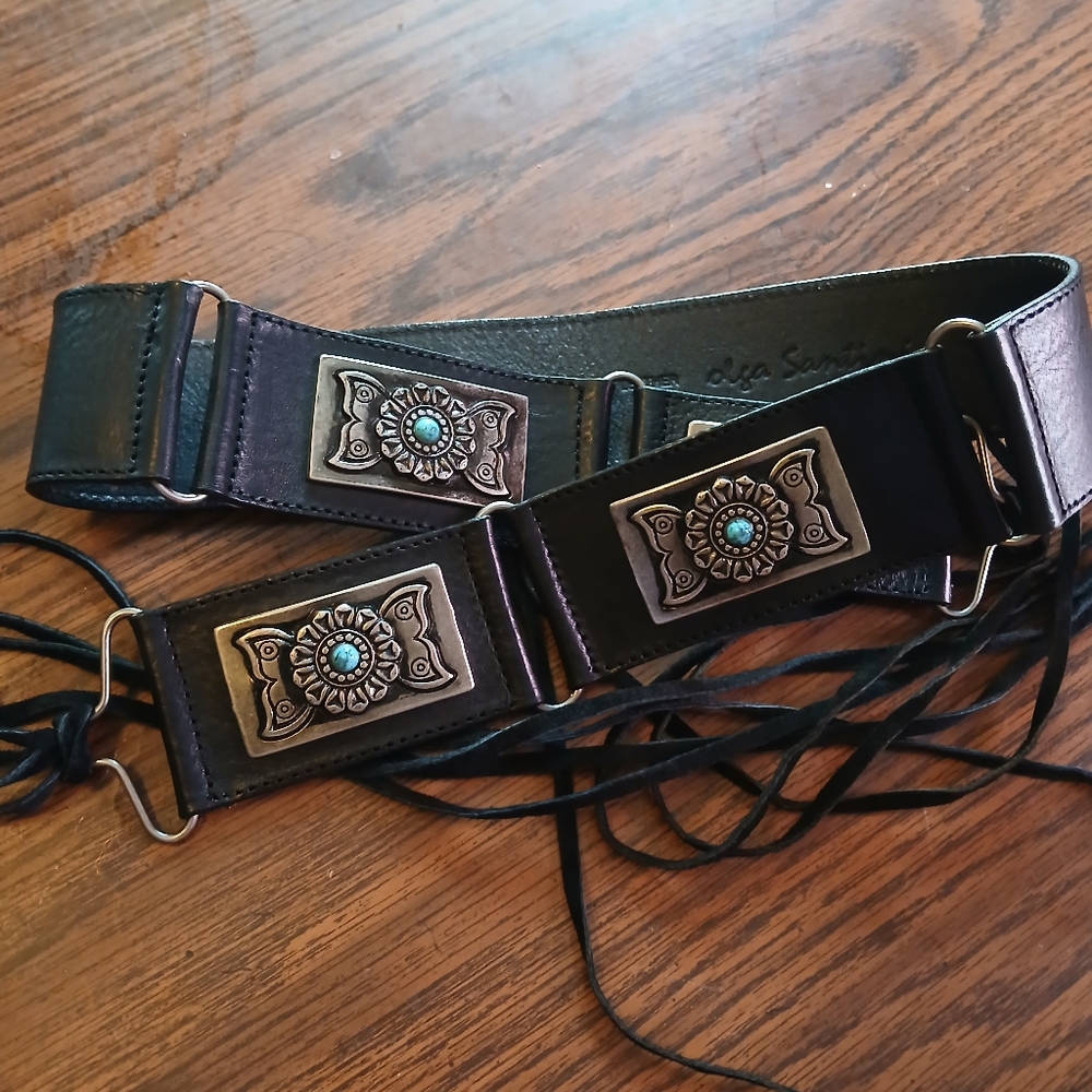 Women's Black Leather Belt with Decorative Buckles - Picture 4 of 8